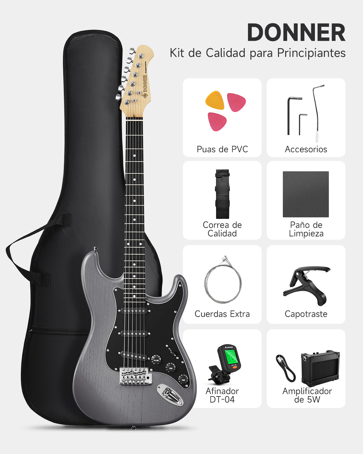 Donner DST-80 Kit de guitarra eléctrica ST esmerilada de 39 pulgadas con amplificador-Negro##