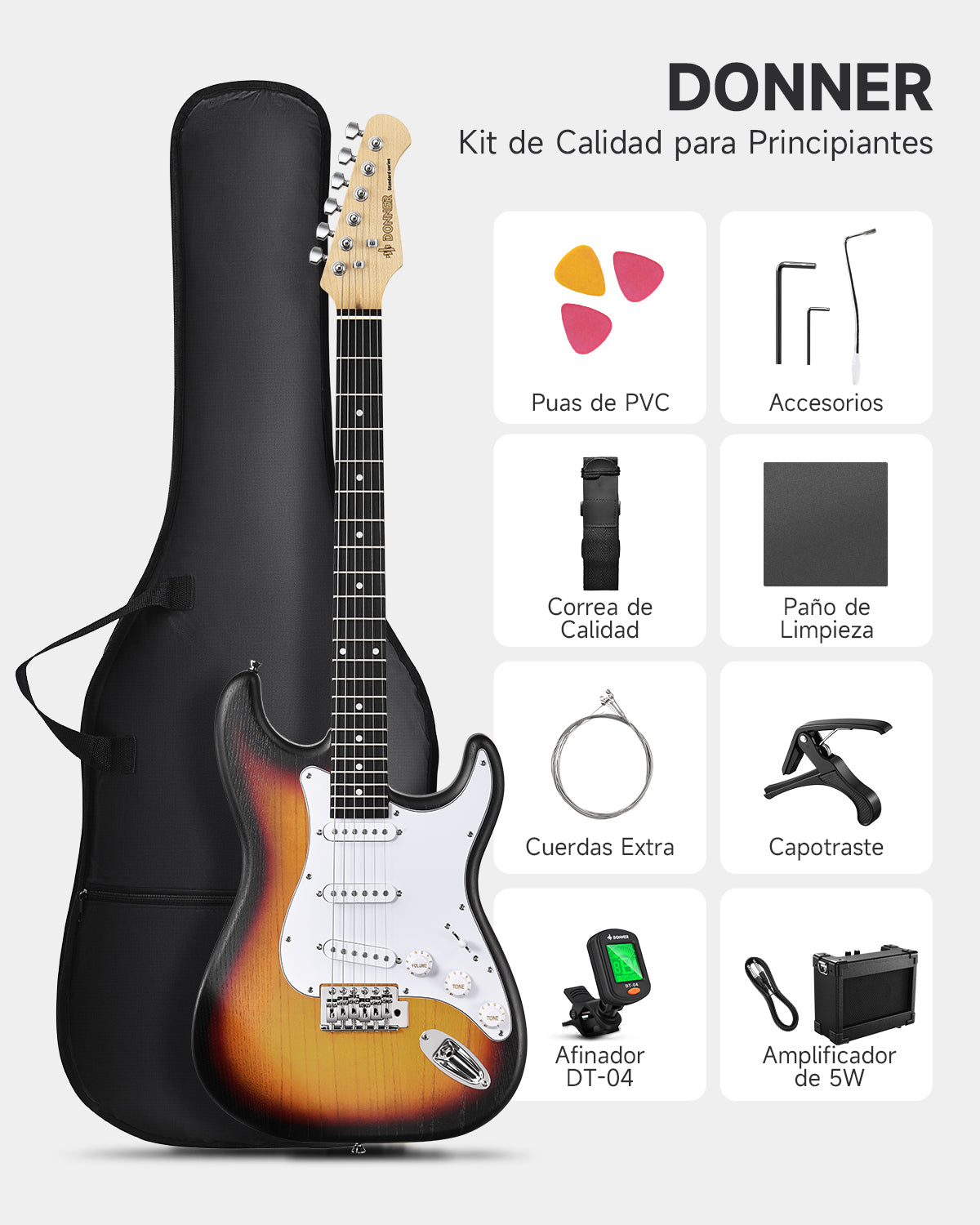 Donner DST-80 Kit de guitarra eléctrica ST esmerilada de 39 pulgadas con amplificador-Sunburst##