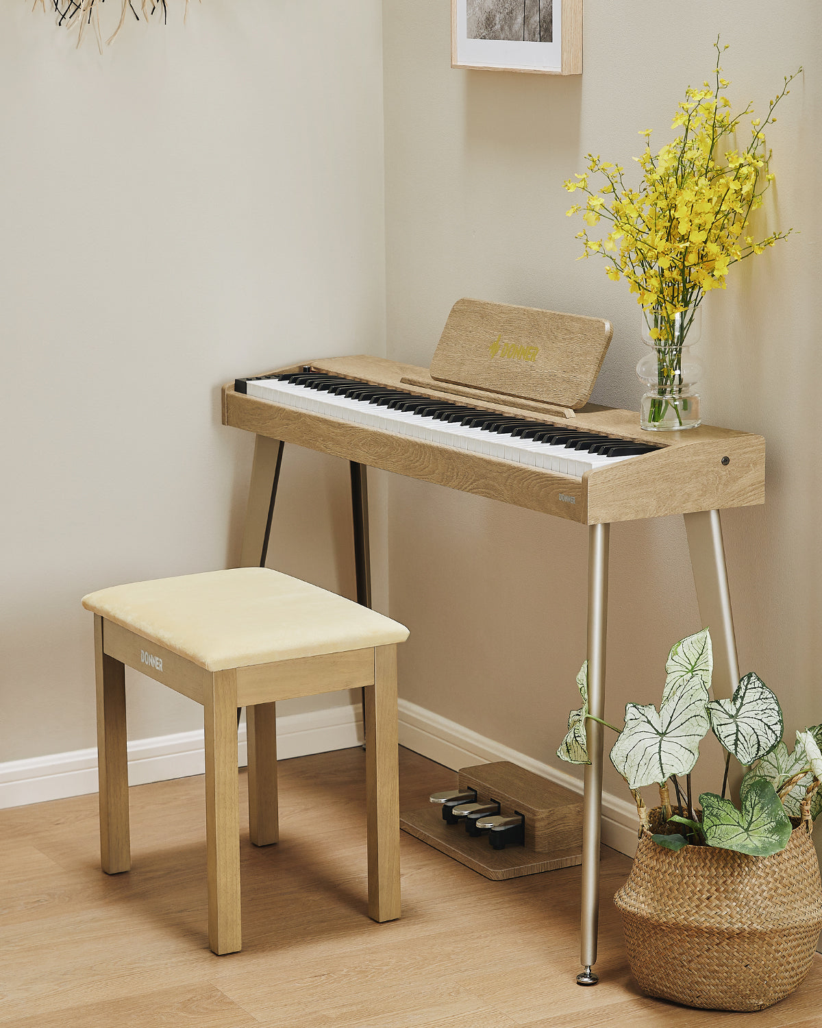 Donner Banco para piano Donner color madera clara con cojín de ante de alta densidad