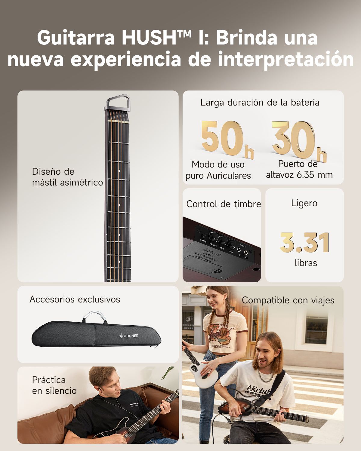 Donner HUSH™ I Guitarra de viaje ultraligera y portátil-Sunburst##