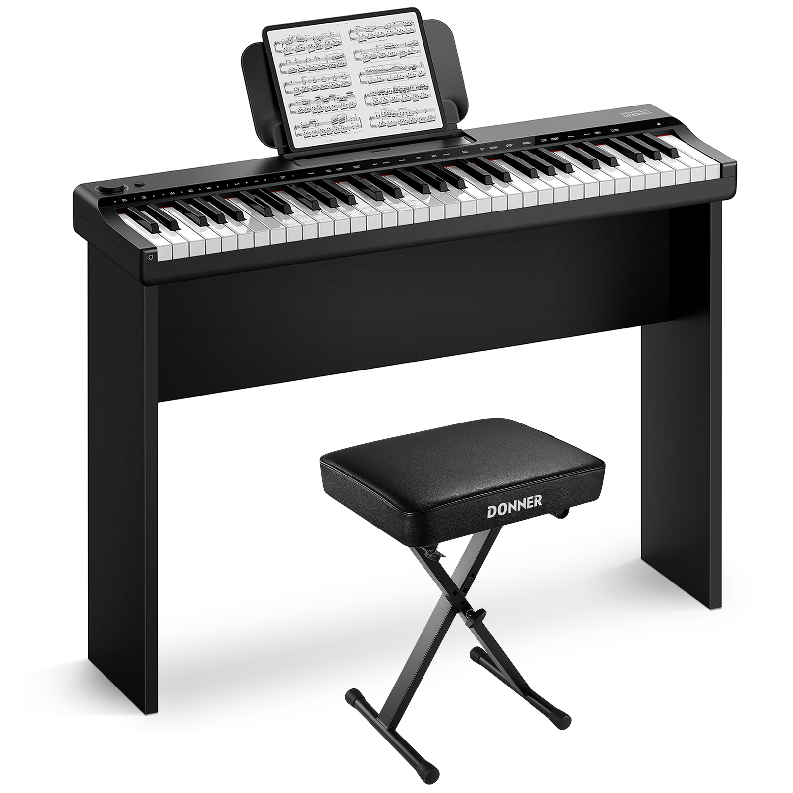 DONNER DK-10S Juego de teclado electrónico vertical de 61 teclas-Negro##+banco de piano en forma de X