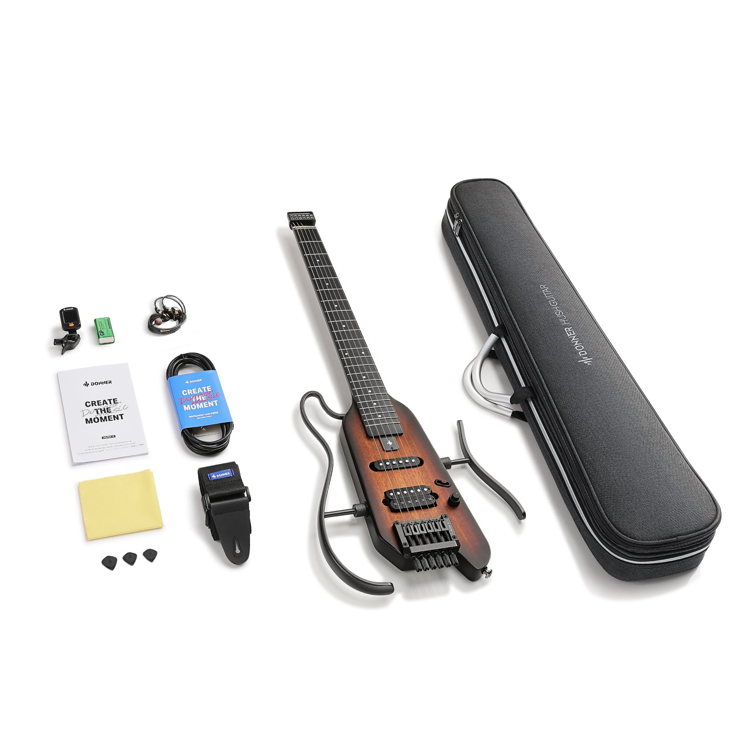 Donner HUSH™ X Guitarra eléctrica ultraligera sin cabeza-Sunburst##