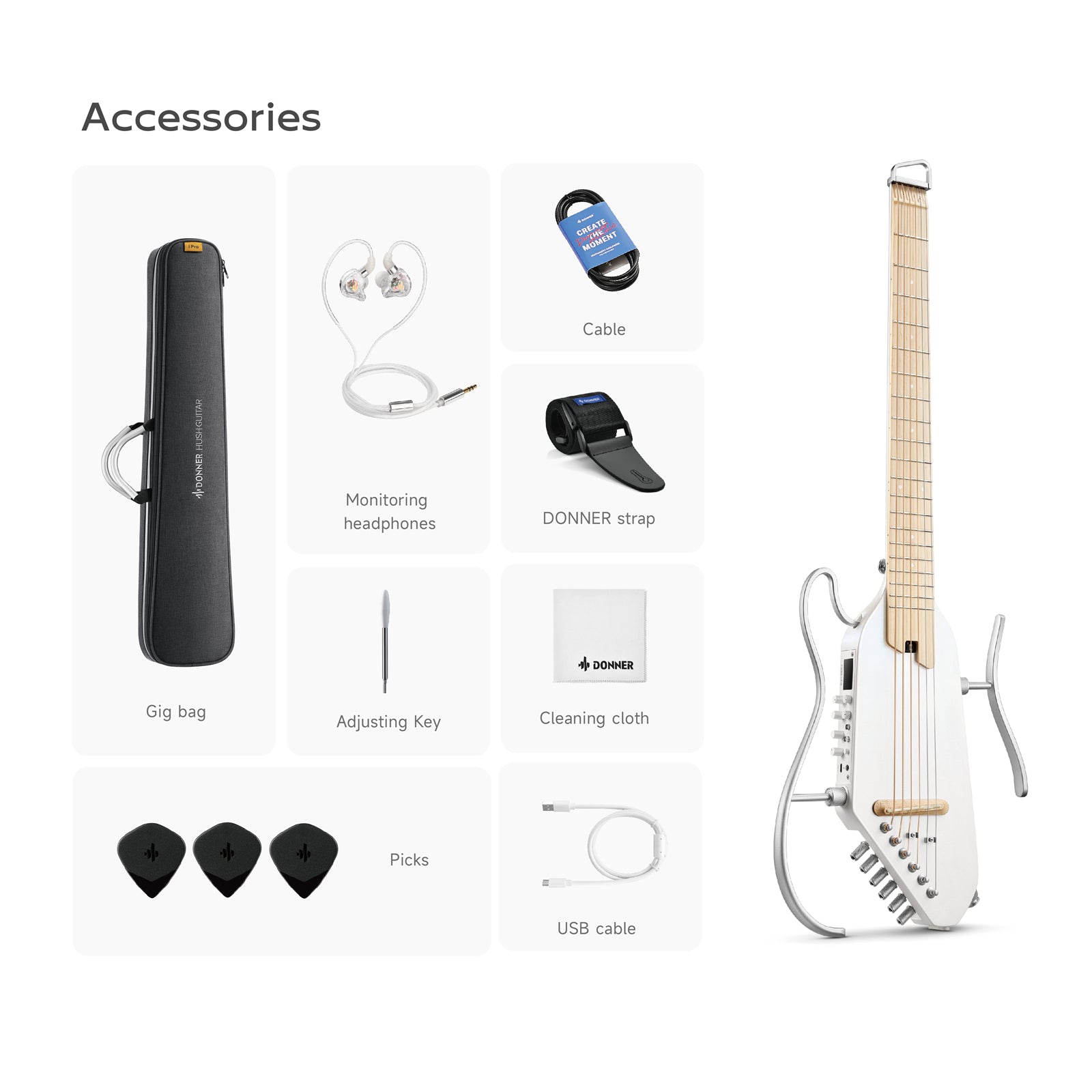 Donner HUSH-I Pro Guitarra Modos Multi Tono Guitarra de viaje-Blanco##