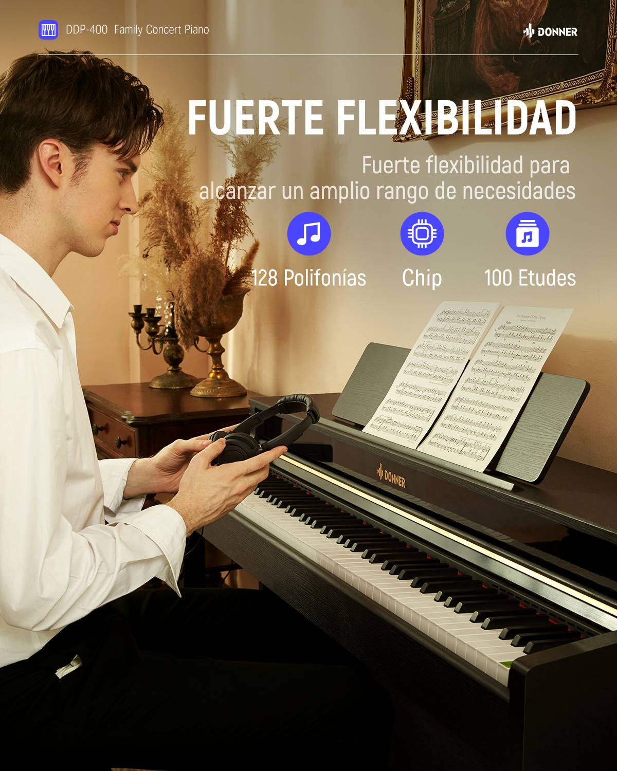 Donner DDP-400 88 Piano digital de acción de martillo progresivo con teclas ponderadas con soporte para muebles y 3 pedales para profesionales