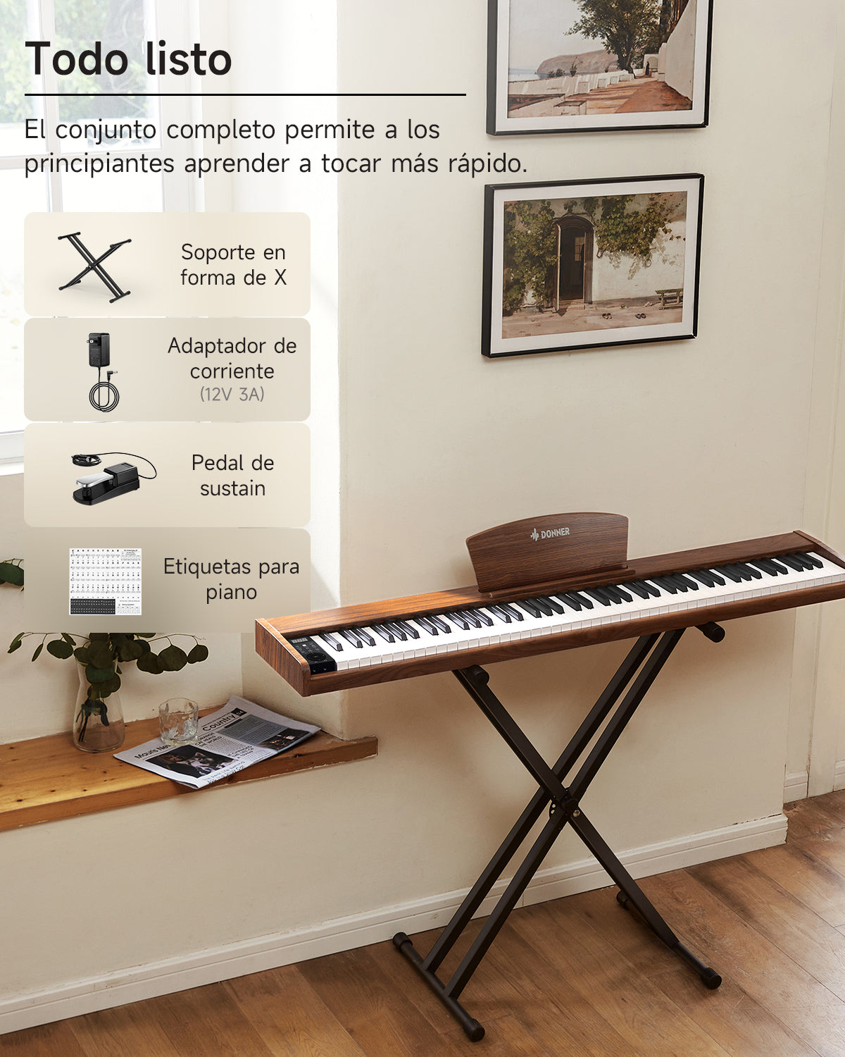 Donner DEP-1S Piano digital con teclado semi-pesado-marrón antiguo##