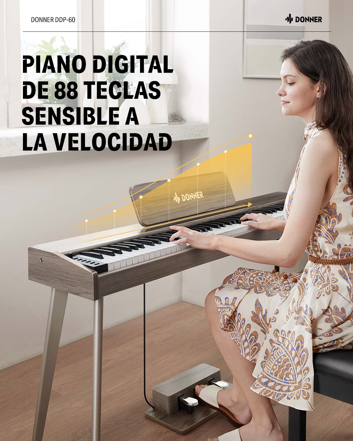 Donner DDP-60 Piano digital vertical de 88 teclas semipesadas con 3 pedales y acabado en madera-Gris clásico##