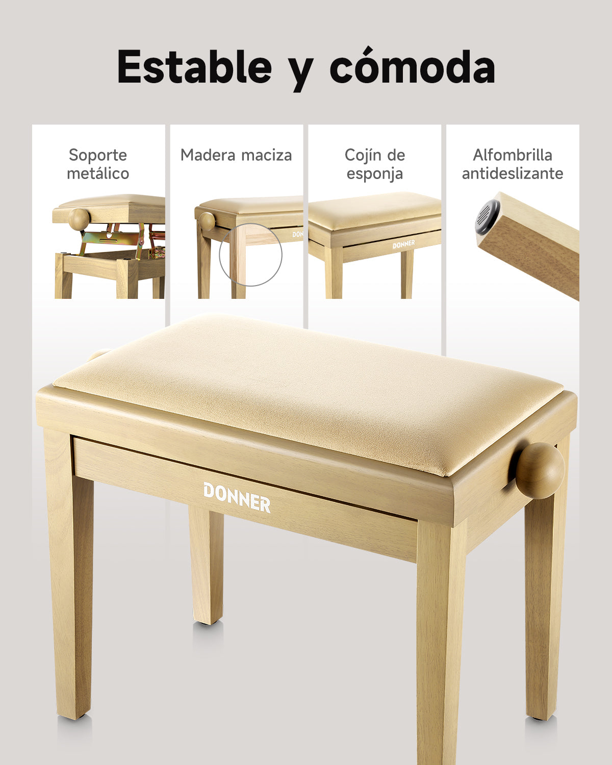Donner Taburete de piano regulable en altura,beige mate
