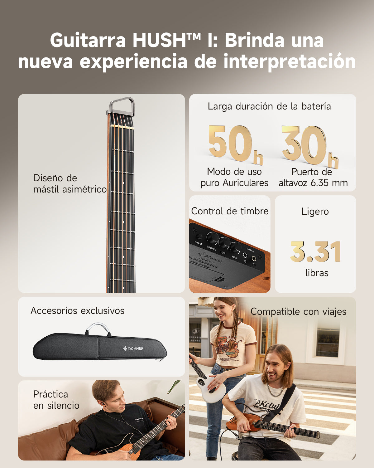 Donner HUSH™ I Guitarra de viaje ultraligera y portátil-Caoba##