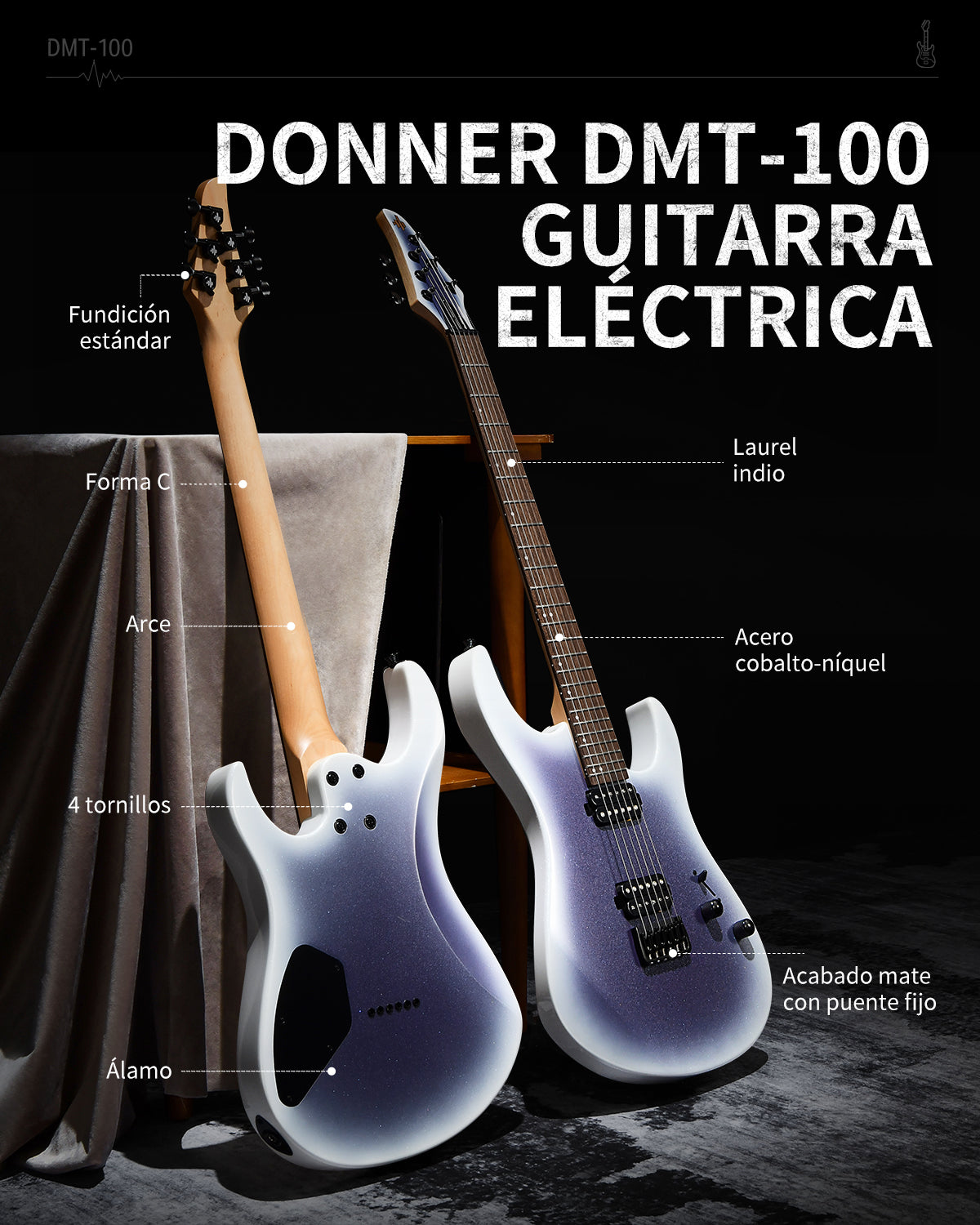 Chitarra Elettrica Donner DMT-66 39" Per Principianti - Kit Completo Con Custodia, Colore Nero Violaceo - Foto 8