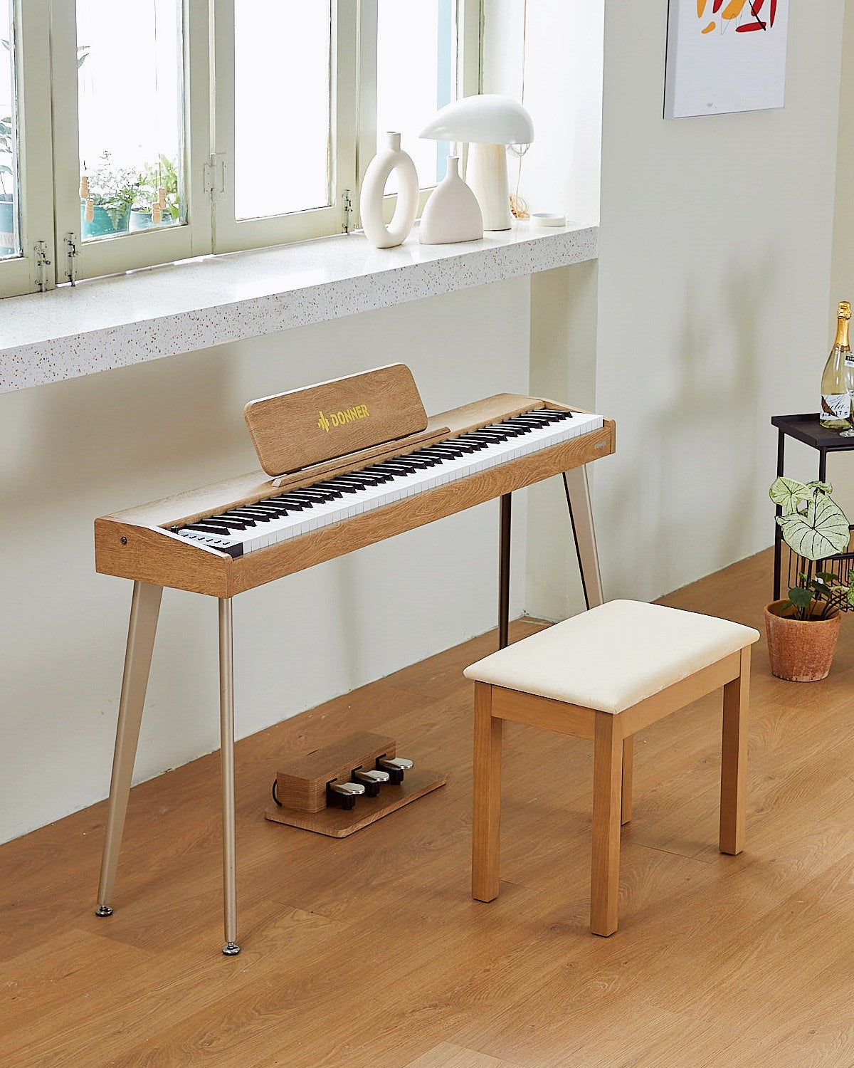 Donner DDP-60 Piano digital vertical de 88 teclas semipesadas con 3 pedales y acabado en madera-Natural##