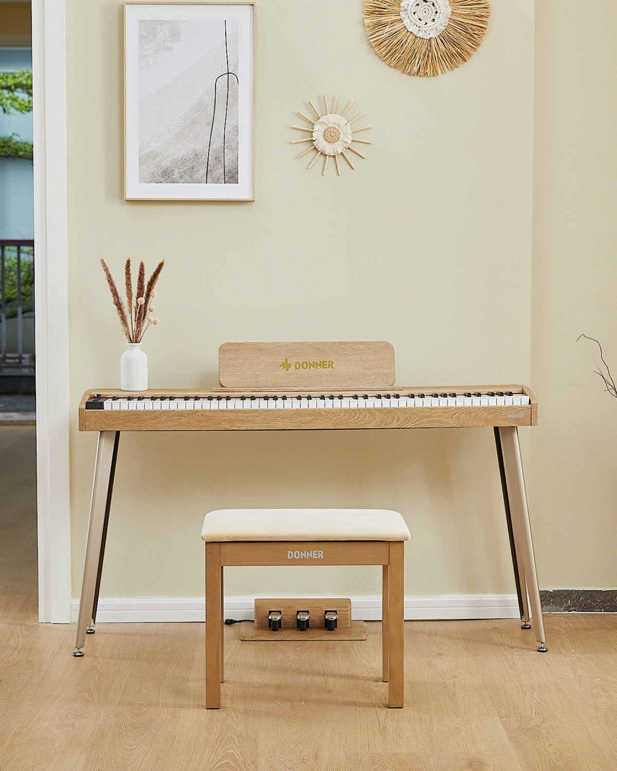 Donner DDP-60 Piano digital vertical de 88 teclas semipesadas con 3 pedales y acabado en madera-Natural##
