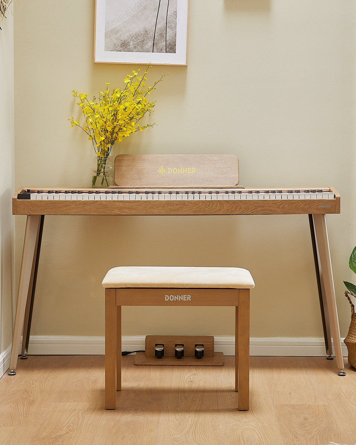 Donner DDP-60 Piano digital vertical de 88 teclas semipesadas con 3 pedales y acabado en madera-Natural##