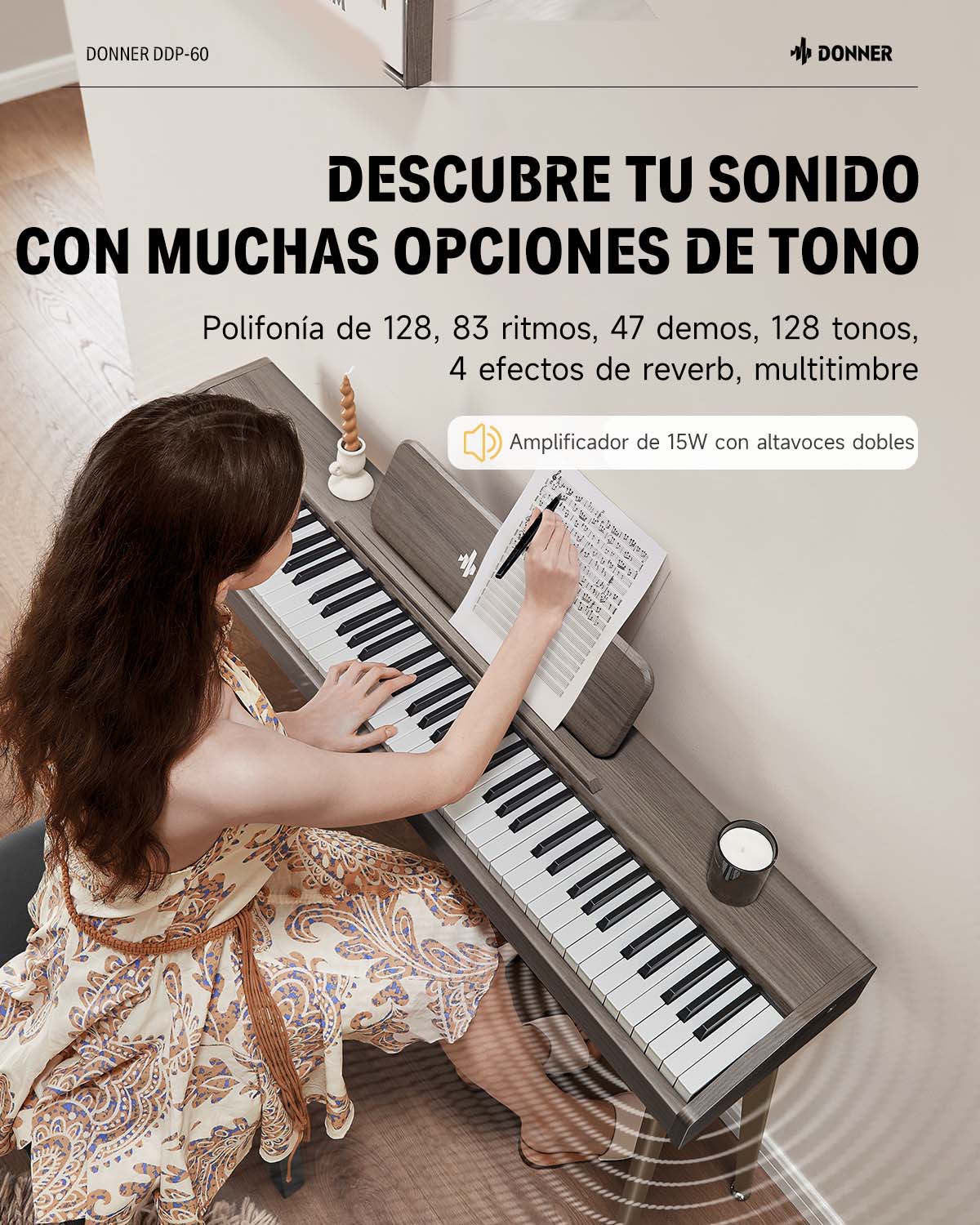 Donner DDP-60 Piano digital vertical de 88 teclas semipesadas con 3 pedales y acabado en madera-Gris clásico##