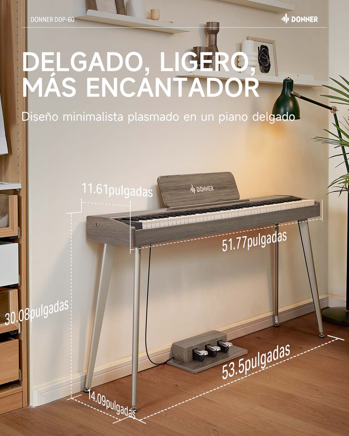 Donner DDP-60 Piano digital vertical de 88 teclas semipesadas con 3 pedales y acabado en madera-Gris clásico##