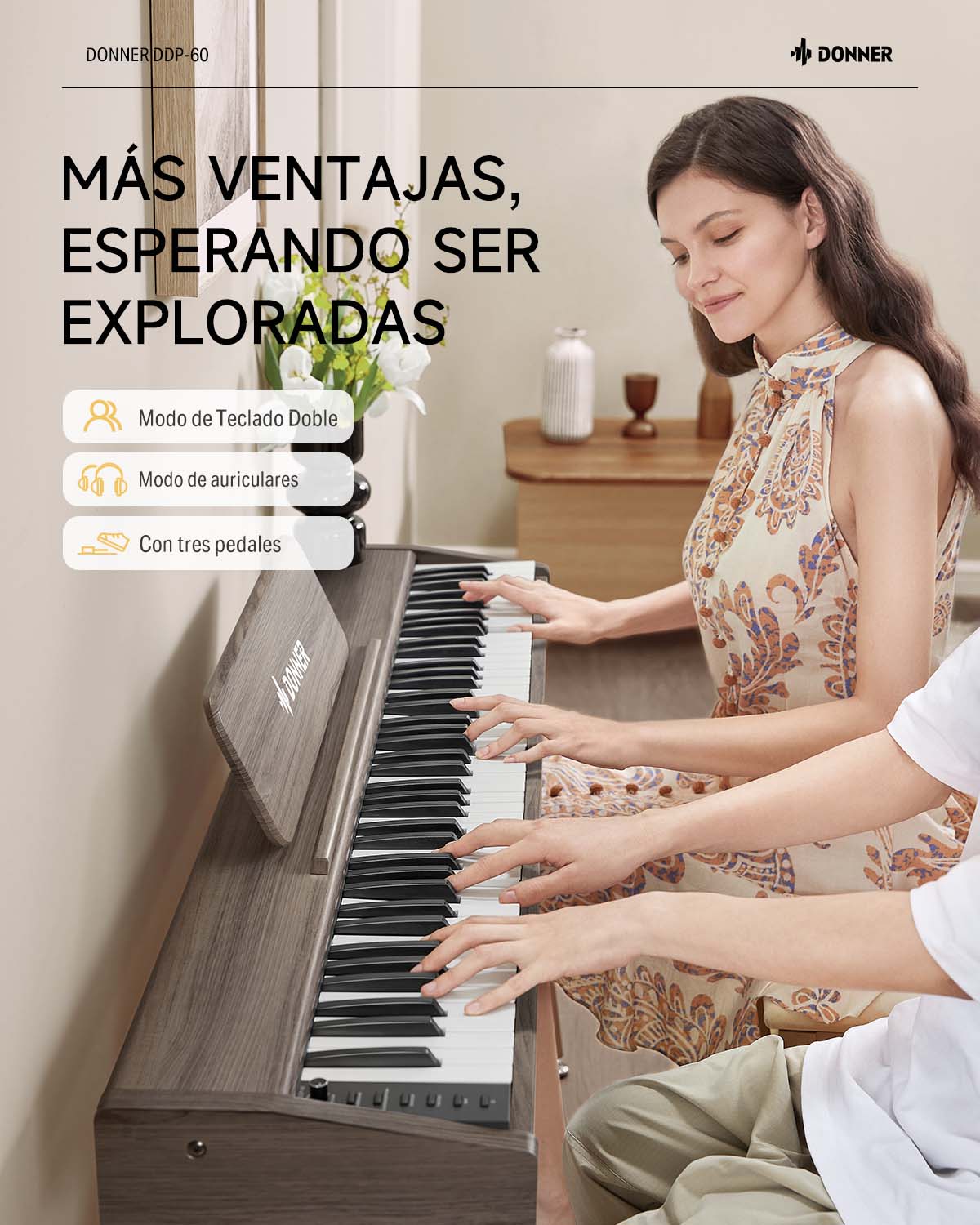 Donner DDP-60 Piano digital vertical de 88 teclas semipesadas con 3 pedales y acabado en madera-Gris clásico##