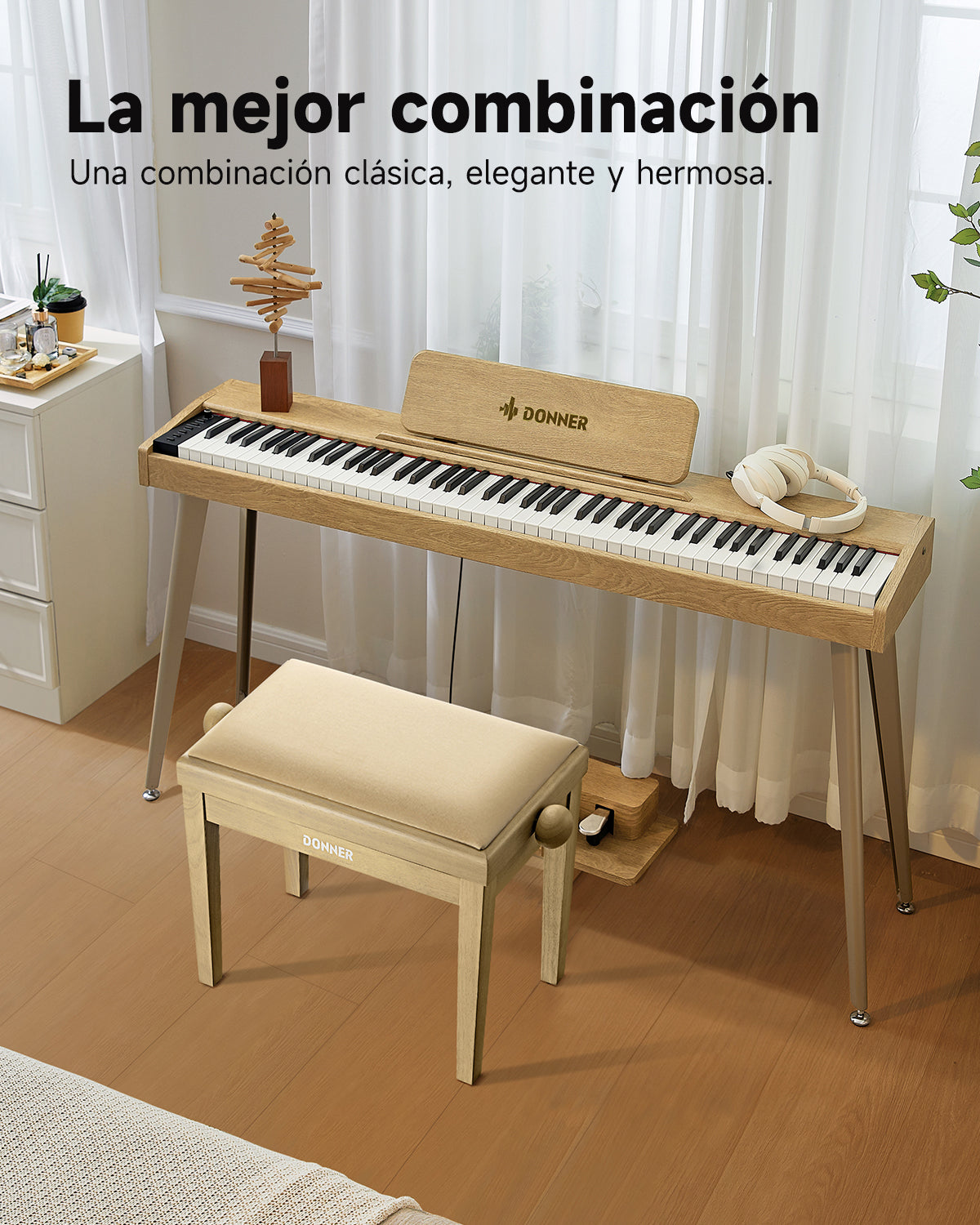 Donner Taburete de piano regulable en altura,beige mate