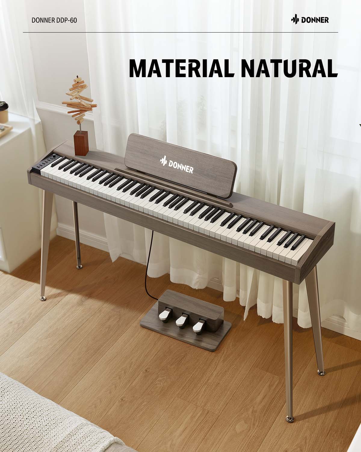 Donner DDP-60 Piano digital vertical de 88 teclas semipesadas con 3 pedales y acabado en madera-Gris clásico##