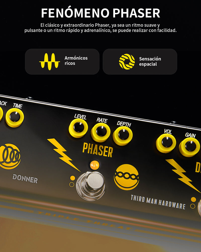 Donner X Third Man Hardware Triple Amenaza 3-en-1 Pedal: Distorsión, Phaser, Eco para Guitarra Eléctrica