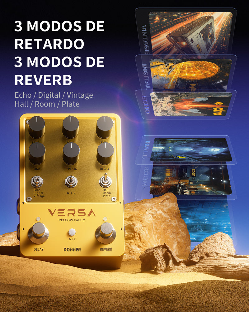 Donner Versa - Yellow Fall II 3x3  Pedal de guitarra combinado Reverb-Delay con Tap Tempo