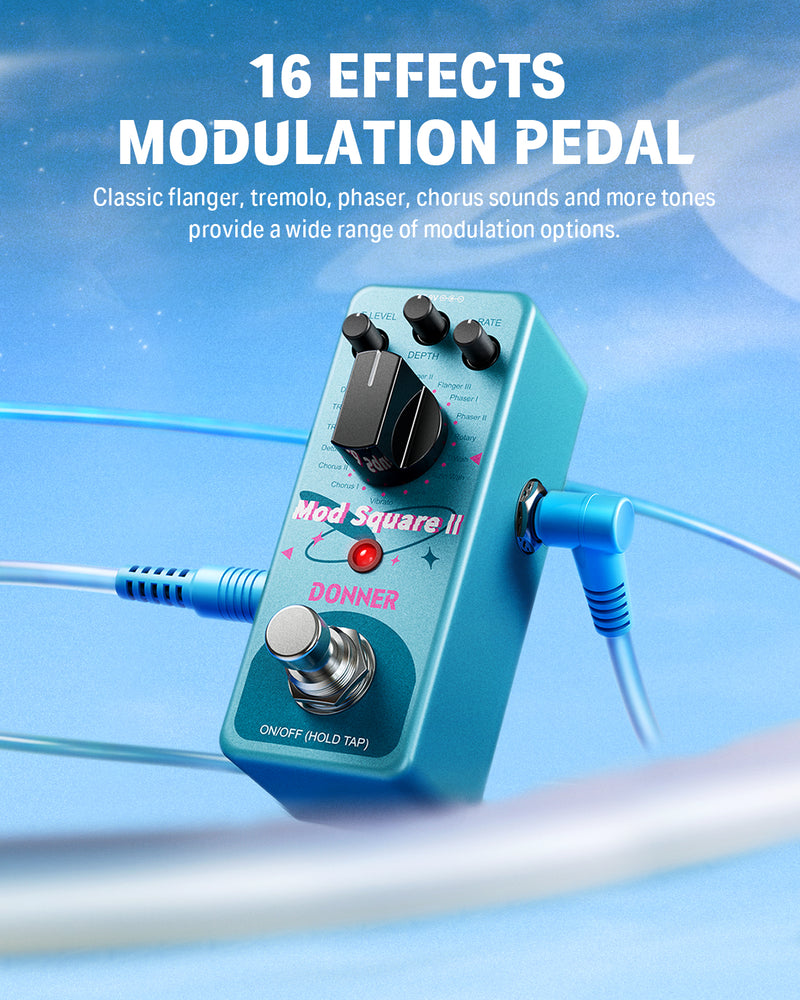 Donner Pedal de modulación de 16 efectos - Mod Square Ⅱ para pedaleras de guitarra eléctrica, Chorus Phaser Tremolo Flanger Rotary Vibrato Wah Lo-fi Detune 16 modos de modulación, True Bypass