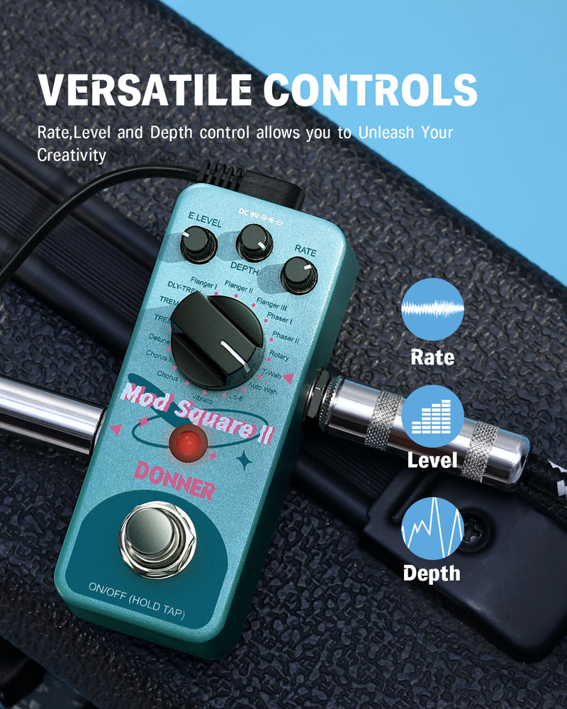 Donner Pedal de modulación de 16 efectos - Mod Square Ⅱ para pedaleras de guitarra eléctrica, Chorus Phaser Tremolo Flanger Rotary Vibrato Wah Lo-fi Detune 16 modos de modulación, True Bypass