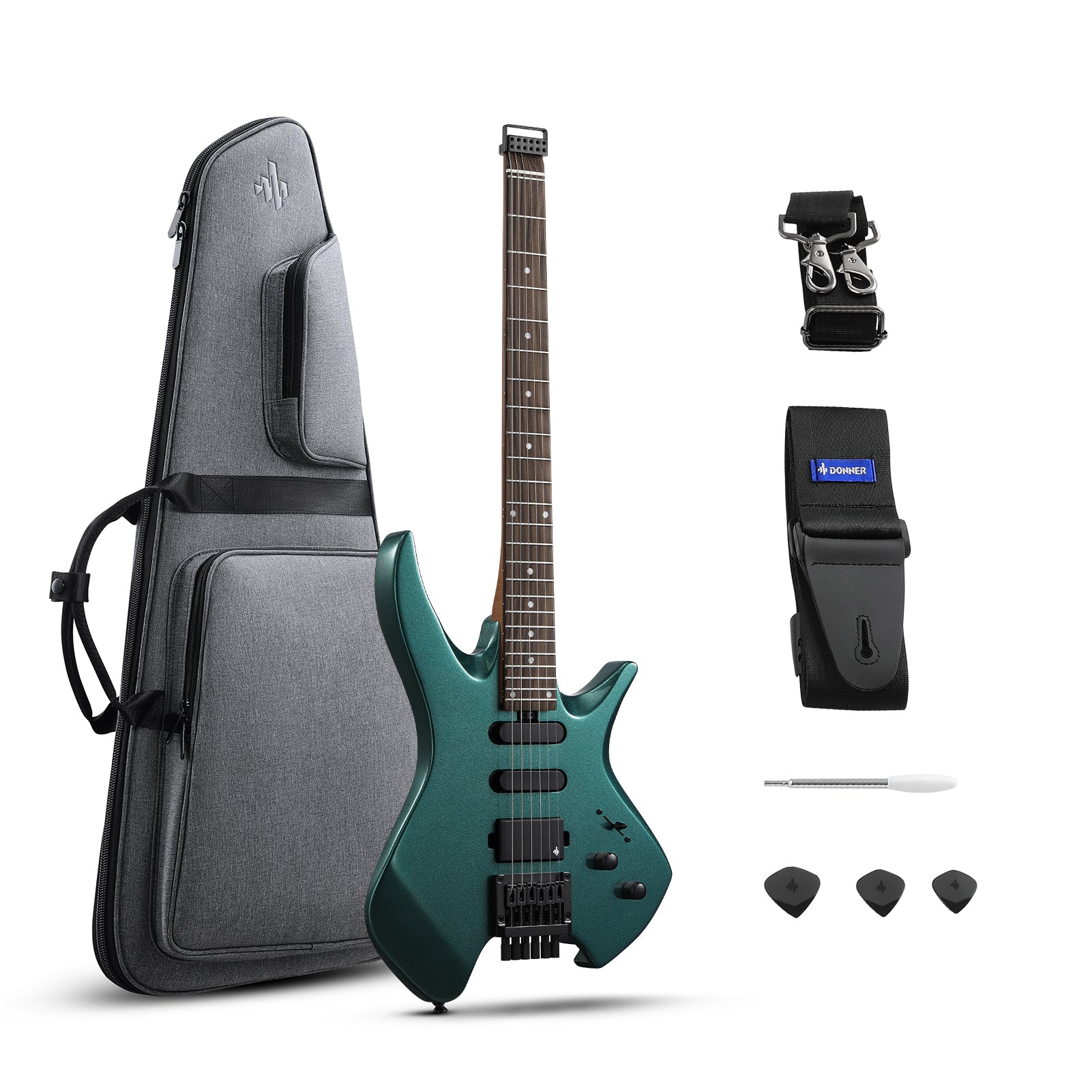 Donner HLX-500 Guitarra eléctrica sin pala-Verde Sherwood##