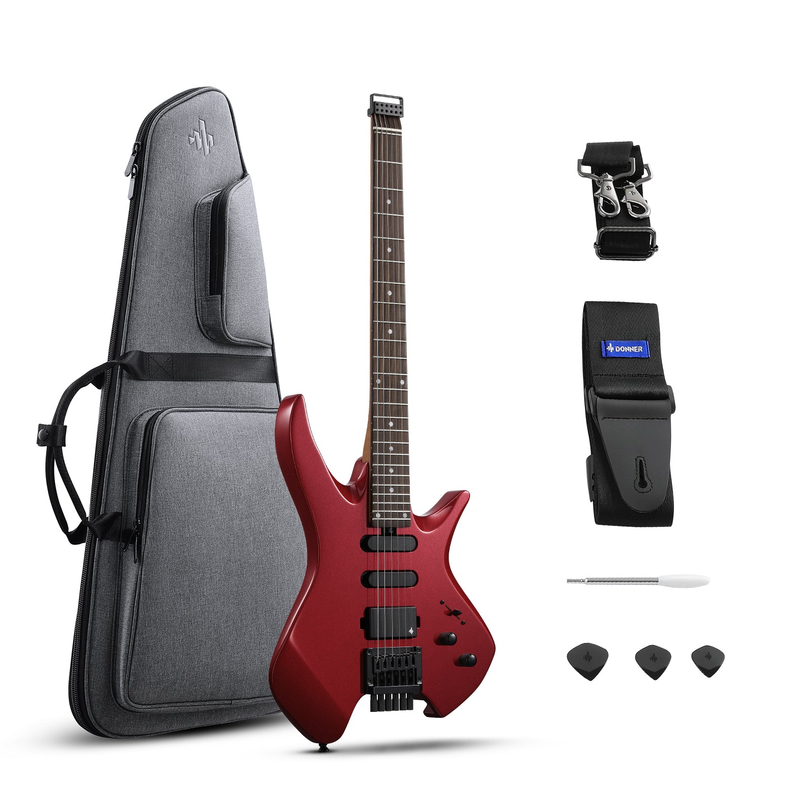 Donner HLX-500 Guitarra eléctrica sin pala-Rojo metálico##