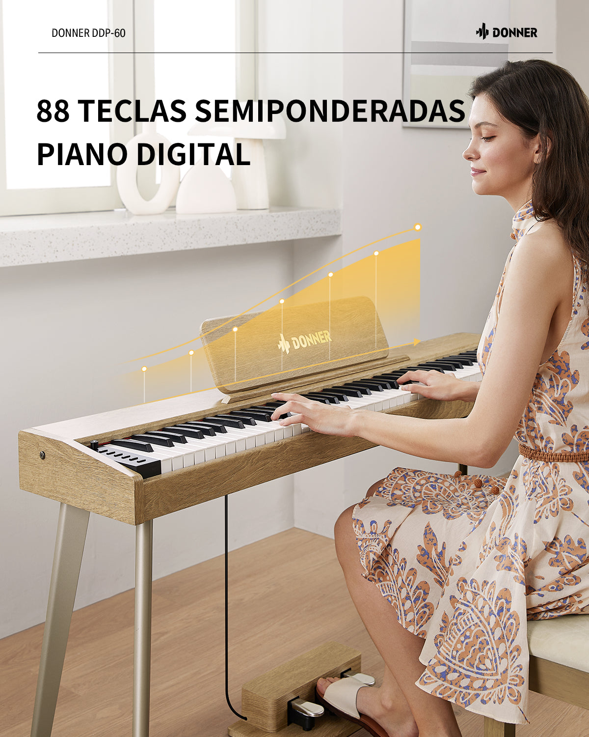 Donner DDP-60 Piano digital vertical de 88 teclas semipesadas con 3 pedales y acabado en madera-Natural##