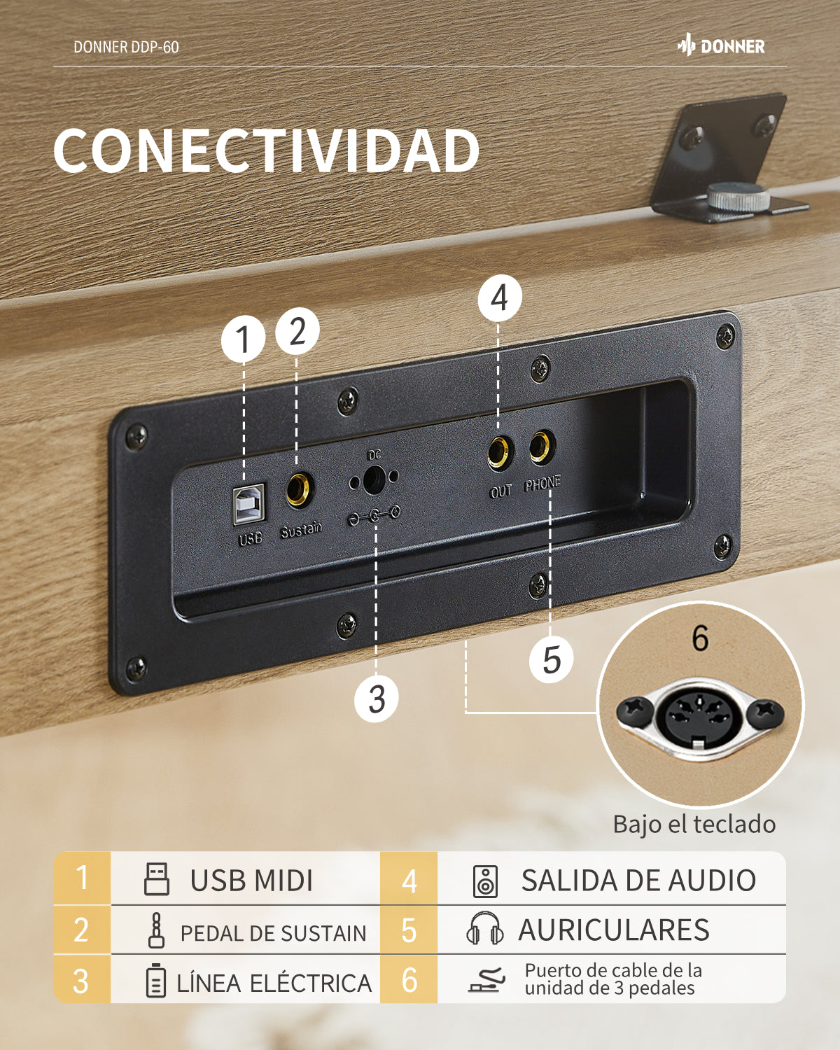 Donner DDP-60 Piano digital vertical de 88 teclas semipesadas con 3 pedales y acabado en madera-Natural##