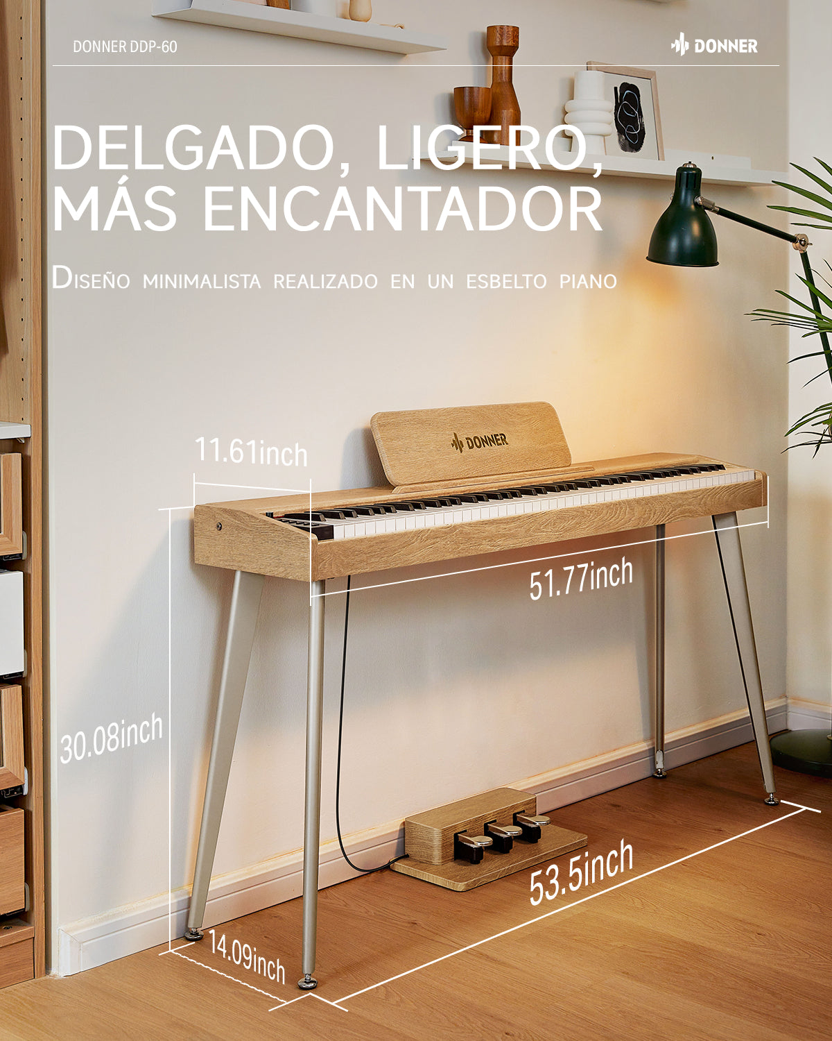 Donner DDP-60 Piano digital vertical de 88 teclas semipesadas con 3 pedales y acabado en madera-Natural##
