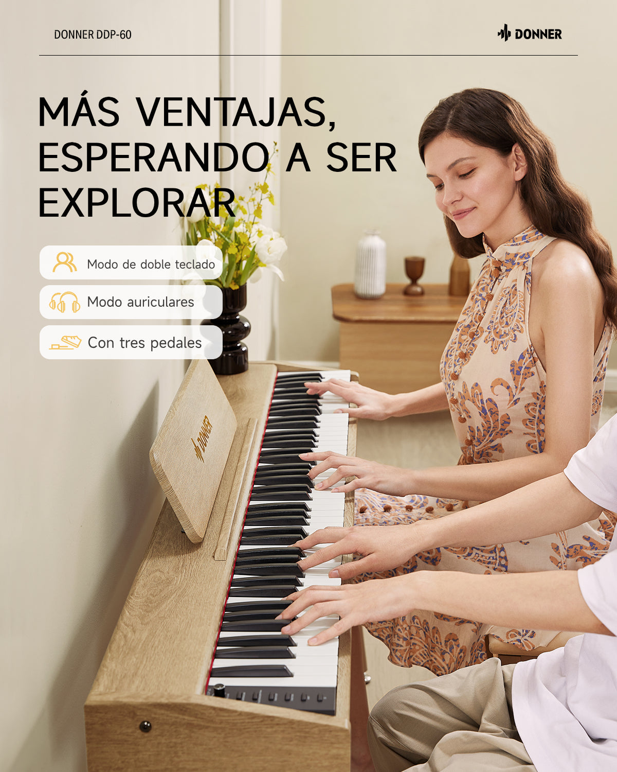 Donner DDP-60 Piano digital vertical de 88 teclas semipesadas con 3 pedales y acabado en madera-Natural##