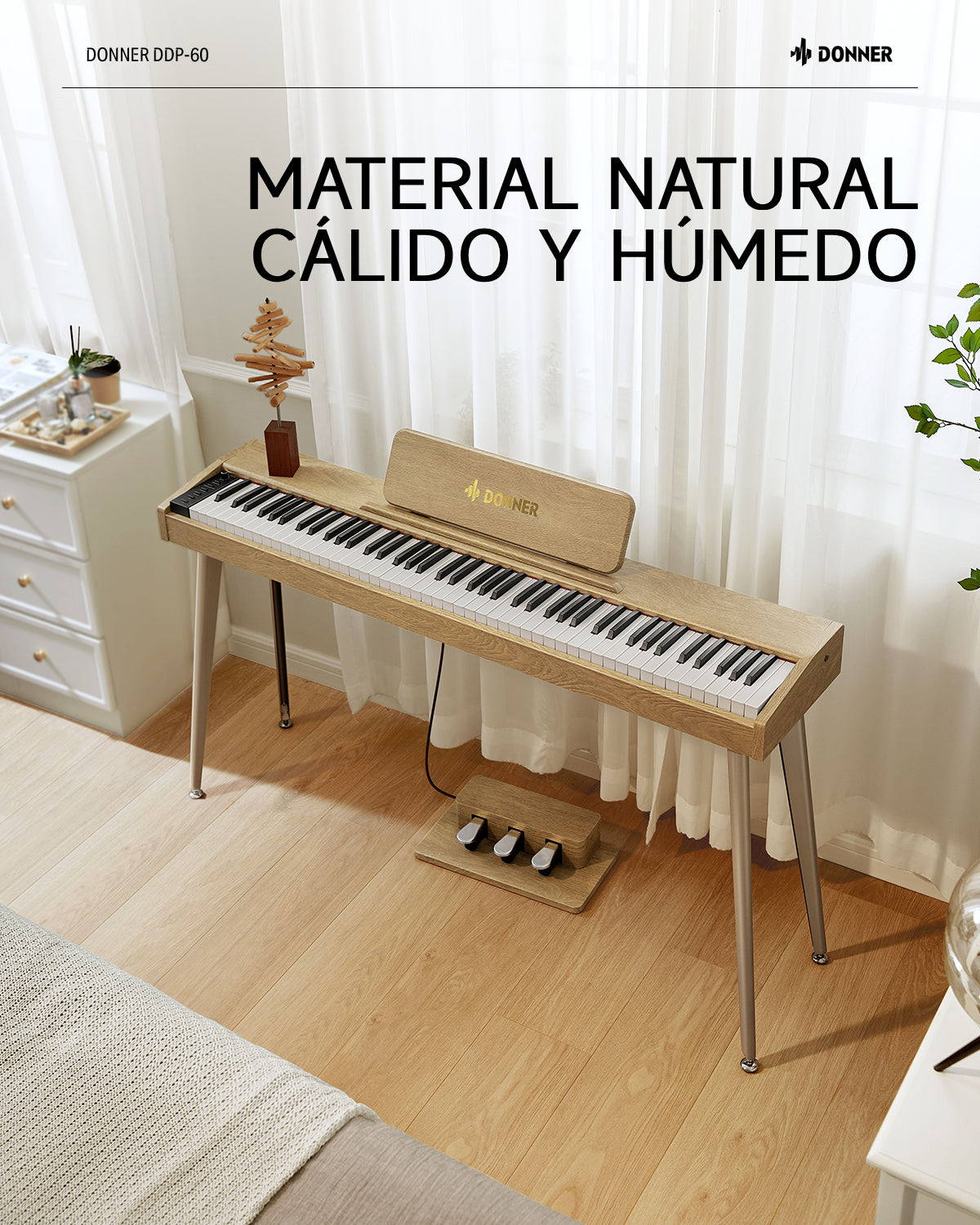 Donner DDP-60 Piano digital vertical de 88 teclas semipesadas con 3 pedales y acabado en madera-Natural##