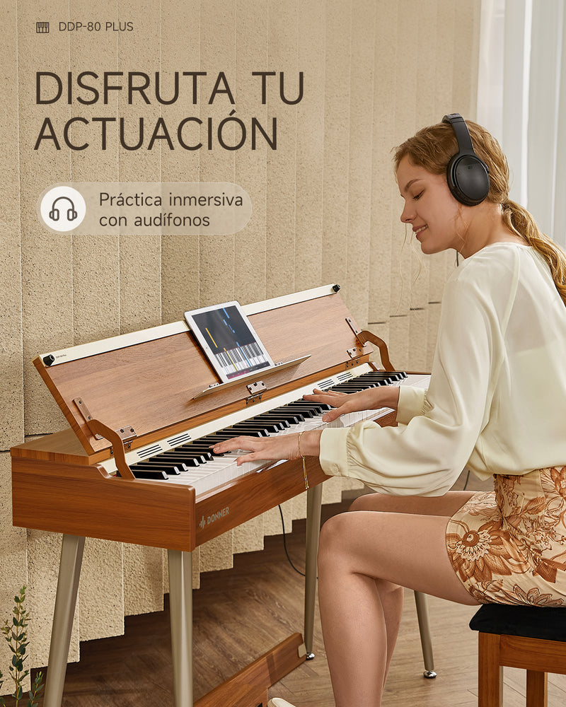 Products Piano digital vertical ponderado Donner DDP-80 PLUS de 88 teclas de estilo de madera con cubierta de piano y unidad de 3 pedales